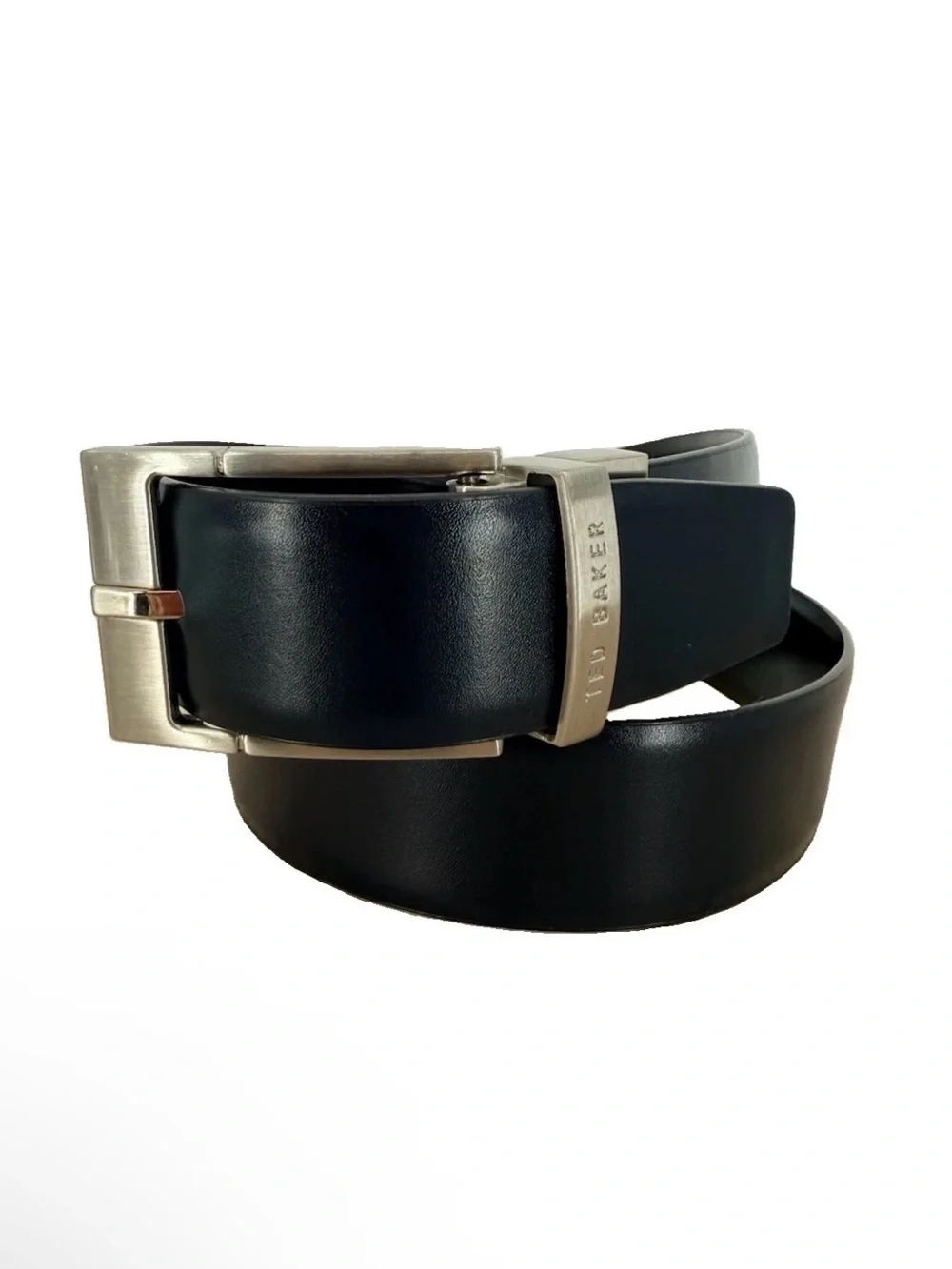 Ted Baker Mens 32 Black Leather Dress Belt Brushed Silver Square Buckle Classic